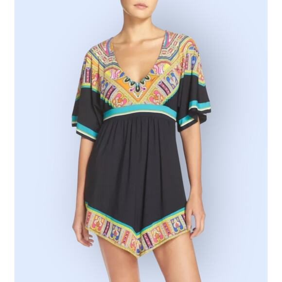 TRINA TURK Women's Nepal Black & Tropical Colors Swim Cover up Dress 6 8 Tunic - Picture 7 of 12
